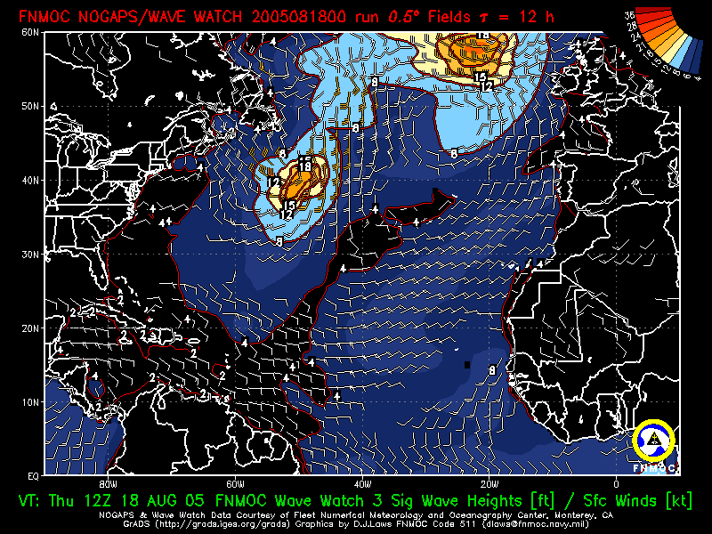 product: FNMOC Wave Watch 3 Sig Wave Heights [ft] ; Over Ocean Sfc Winds [kt], area: Atlantic, tau: 000  (RELABELED)